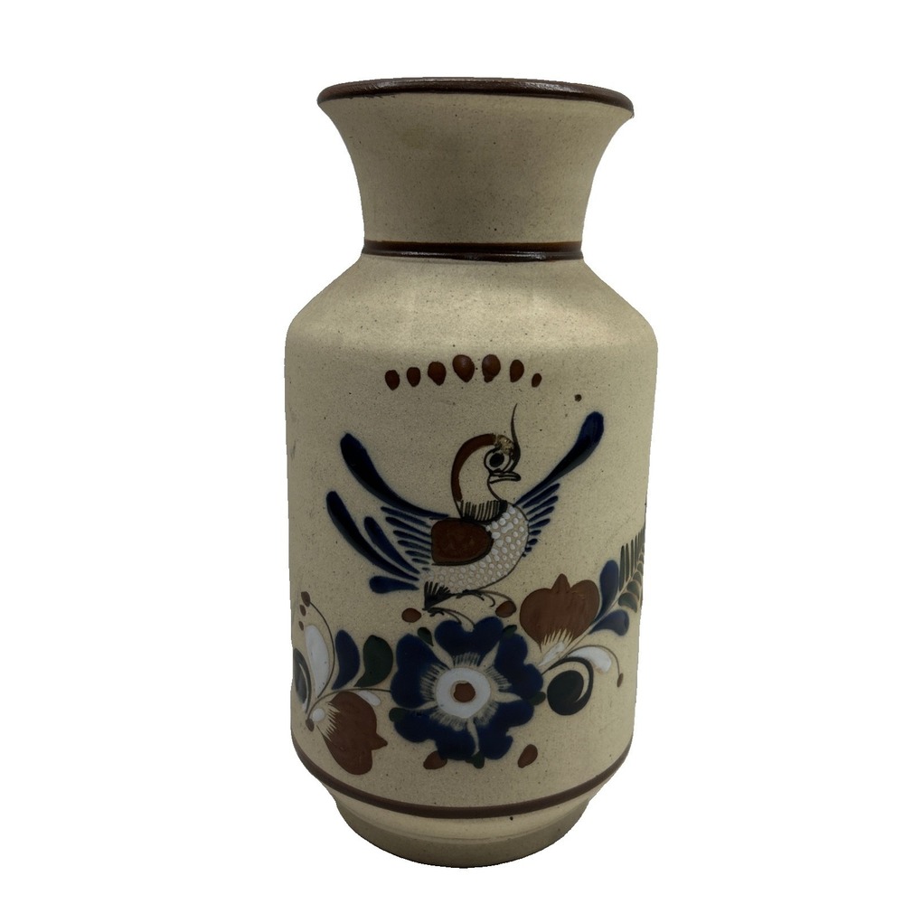 Vintage Tonala Mexican Pottery Vase Signed Hand Painted Folk Art Bird Flower 11"